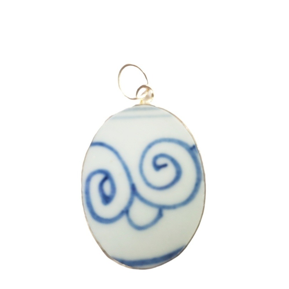 Ming Blue & White Pottery Shard Pendant Oval Swirl Porcelain Jewelry Focal Piece